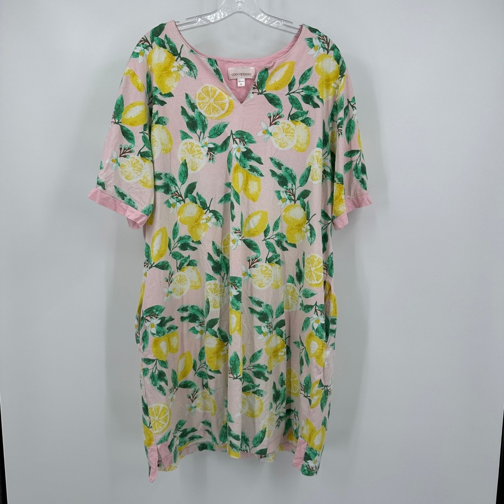 Stan Herman Women Sz XL Pink Lemon Citrus Print Cotton Knit Lounger Pocket Dress